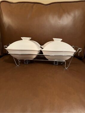 Vtg Goldinger Porcelain Double Warmer Chafing Dishes w/ Lids, Metal Stand Cream